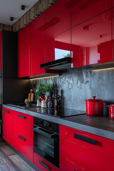 Red Kitchen Ideas, Home Haunted House, Red Kitchens, Red Kitchen Cabinets, Red Interior Design, Red Kitchen Accessories, Haunted House Decor, Red Cabinets, Modern Kitchen Ideas