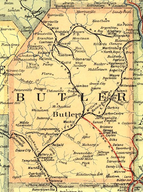 Butler County Pennsylvania Railroad Stations Butler Pennsylvania, Genealogy Map, Butler County, Pennsylvania Railroad, Front Street, County Map, Lake Erie, Genealogy, Pennsylvania