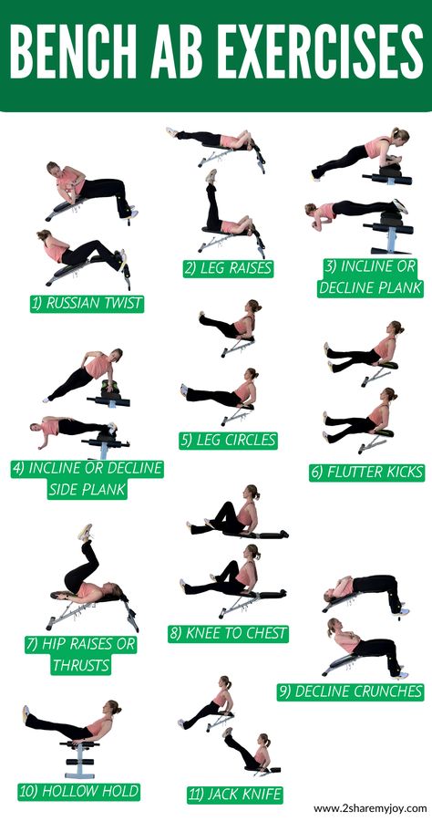 These ab exercises for women can be done on a bench and are great for beginners or advanced. Click through to read all instructions and modifications. This ab bench workout can be done at home or at the gym. Sit Up Bench Exercise, Beginner Bench Workout, Home Workout With Bench, Core Bench Workout, Workouts With A Bench, Bench Exercises At Home, Bench Exercises For Women, Bench Workout Women, Bench Workouts For Women