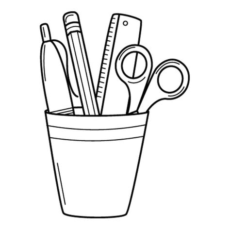 Pencil holder with a ruler, scissors, pe... | Premium Vector #Freepik #vector #pencil-doodle #pencil-drawing #pen-drawing #pencil-sketch Pen Pencil Drawing, Pencil Box Drawing, Pencil Case Drawing, Classroom Drawing, Book And Pencil, Pencil Vector, Black White Illustration, Doodle Pencil, Pencil And Pen