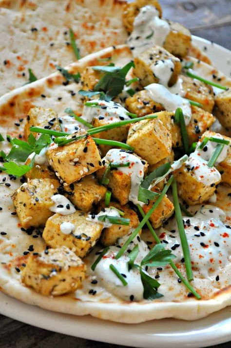 Vegan Za'atar Tofu with Herb Yogurt Sauce - Rabbit and Wolves Herb Yogurt Sauce, Za'atar Recipe, Mediterranean Feast, Rabbit And Wolves, Spring Meals, Vegan Entree, Za Atar, Vegan Yogurt, Vegan Eats