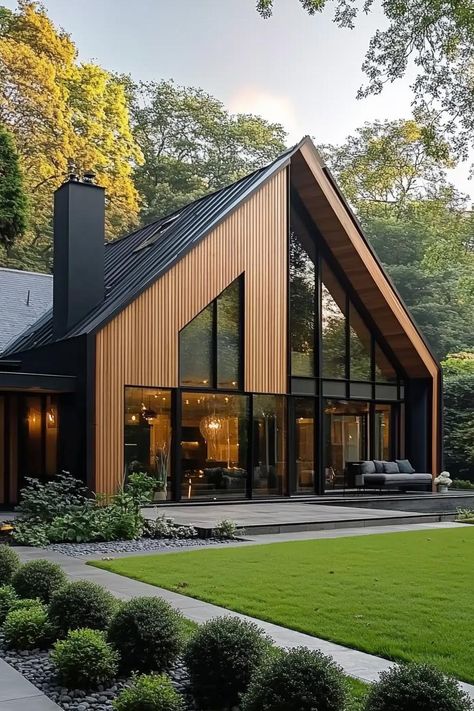 Modern Gable House, House With Guest House, Barndominium Houses, Scandinavian Exterior, Lakefront Cabin, Gable Roof Design, Gable Window, Nordic Architecture, Metal Building Designs