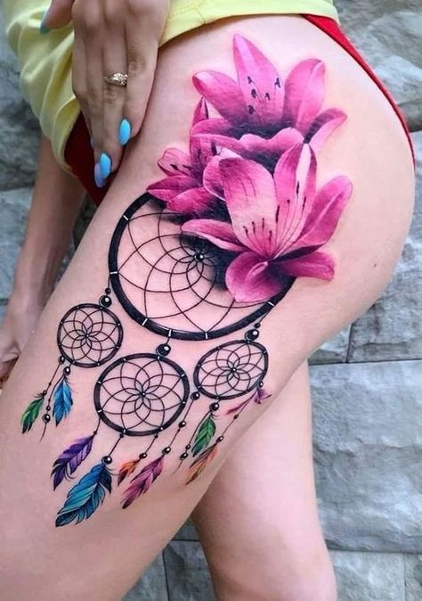 Dream Catcher Tattoo, Tattoo Color Mujer, Legs Tattoos For Women, Pool Tattoo, Tattoo Thigh, Hip Tattoos Women, Leg Tattoos Women, Gothic Tattoo, Tatuaje A Color