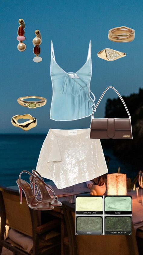 Beach Night Outfit Party, Boat Date Outfit, Dinner Birthday Outfit, Beach Night Outfit, Rings Outfit, Beach Dinner Outfit, Vacation Dinner Outfit, Boat Party Outfit, Yacht Party Outfit