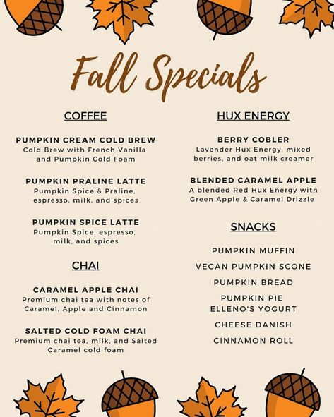 Huxdotter Coffee Fall Specials Menu Essen, Winter Drinks Coffee, Seasonal Coffee Drinks, Coffee Flavors Drinks, Fall Coffee Drinks, Pumpkin Cream Cold Brew, Apple Chai, Fall Drink Recipes, Cream Cold Brew