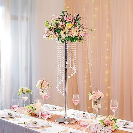 stunning design perfect for my wedding day on the tables Tall Vase Wedding Centerpieces, Crystal Centerpieces Wedding, Candelabra Wedding Centerpieces, Chandelier Centerpiece, Tall Flower Vase, Tables Decorations, Wedding Vase Centerpieces, Flowers Stand, Candelabra Centerpiece