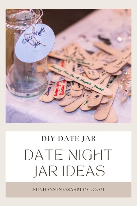 Looking for fun and creative date night ideas!? DIY your own date night jar and never run out of date night ideas with your significant other! Learn how to make  a date night jar with supplies you have at home. Sharing 25+ fun date night ideas that are inexpensive and boyfriend-approved. Date Night Jar Ideas Sticks Couple, Date Night Suggestions Jar, Date Night Jar Bridal Shower Diy, Diy Date Night Box Ideas, Date Jar Ideas Couples Popsicle Sticks, Date Jar Ideas Couples, Date Night Jar Ideas Diy, Activities For Couples At Home, Bridal Shower Date Night Jar