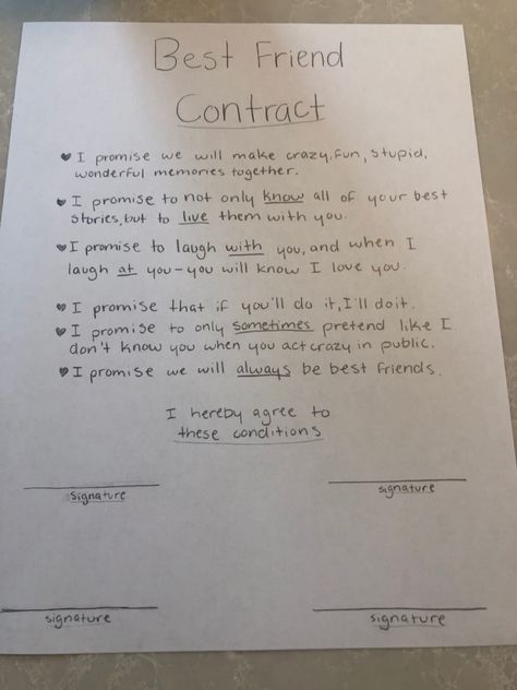 Add your signatures at the bottom with your friends to seal your friendship forever with this contract. It states the rules you need to have to have your friendship forever Best Friend Contract Ideas, Friendship Contract Ideas, Bff Contract Ideas, Contract Friendship, Bestie Contract, Bff Contract, Bff Rules, Friendship Contract, Best Friend Contract