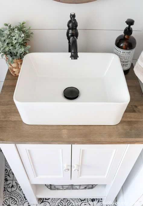 How to Install a Vanity & Vessel Sink Combo | Simply Beautiful By Angela Vessel Sink Ideas, Farmhouse Bathroom Sink, Vessel Sink Vanity, Small Bathroom Sinks, Small Sink, Small Bathroom Vanities, Diy Concrete, Downstairs Bathroom, Vessel Sink Bathroom