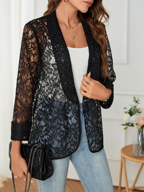 Long Lace Jacket, Black Lace Jacket, Fashion Collection Inspiration, Fashion Work Outfit, Lace Coat, Lace Blazer, Plus Size Blazer, Iranian Women Fashion, Lace Jacket