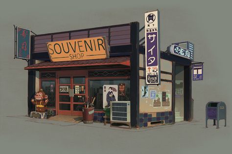 Souvenir Shop Sunset Overdrive, Color Concept, Bg Design, Concept Art World, Building Concept, Takayama, Interactive Art, Souvenir Shop, Building Art