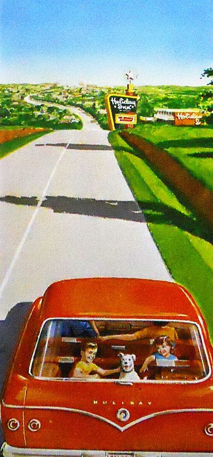 On the Road - detail from 1963 Holiday Inn ad.: Roger Wilkerson, 1950s Art, Happy Families, Family Road Trip, Station Wagons, Retro Advertising, Retro Ads, Old Ads, Norman Rockwell