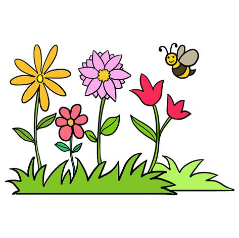 How to Draw a Flower Garden - Really Easy Drawing Tutorial Flower Garden Drawing, Flower Garden Pictures, Grass Drawing, Summer Arts And Crafts, Lilies Drawing, Spring Drawing, Easy Flower Drawings, Easy Drawing Tutorial, Garden Drawing