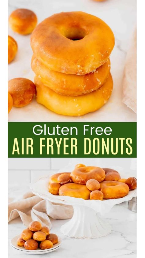 This easy recipe for Air Fryer Gluten Free Donuts makes the best homemade donuts in the world! They're fried without oil and perfectly glazed! Air Fryer Gf Donut Recipes, Gluten Free Donuts Baked Easy, Gluten Free Donuts Easy, Gluten Free Quick Snacks, Healthy Homemade Donuts Recipe, Gf Donuts Baked, Gluten Free Apple Fritters Air Fryer, Gluten Free Glazed Donut Recipe, Gluten Free Yeast Donut Recipe