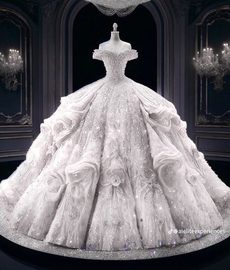 Long Big Wedding Dresses, Massive Wedding Dress, Pretty Wedding Dresses Princesses, Fancy Wedding Ideas, Luxury Wedding Dress Ballgown, Huge Wedding Dresses, Wedding Dresses Silver, Biggest Wedding Dress, Royalty Wedding Theme