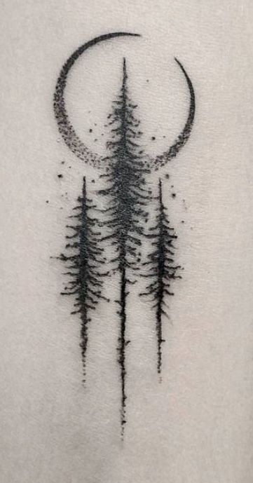 Tree Tattoo For Son, 5 Trees Tattoo, Simplistic Tattoos Forearm, Dark Woodland Tattoo, Tree Tattoo Designs Simple, Twilight Tree Tattoo, Mystical Nature Tattoo, Forest Aesthetic Tattoo, Pine Tree Moon Tattoo