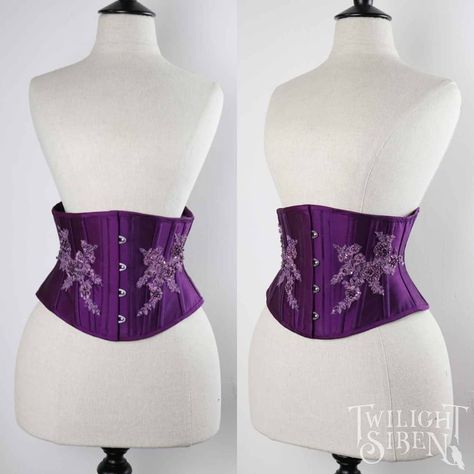 Happy Friyay everyone! 🌸🏵 Who has a long weekend off for Easter? ▪The Freya corset in purple silk and lace applique. This style can be made… Macabre Fashion, Silk Corset, Purple Corset, Happy Friyay, Waist Corset, Modesty Panel, Silk And Lace, Steel Boned Corsets, Underbust Corset