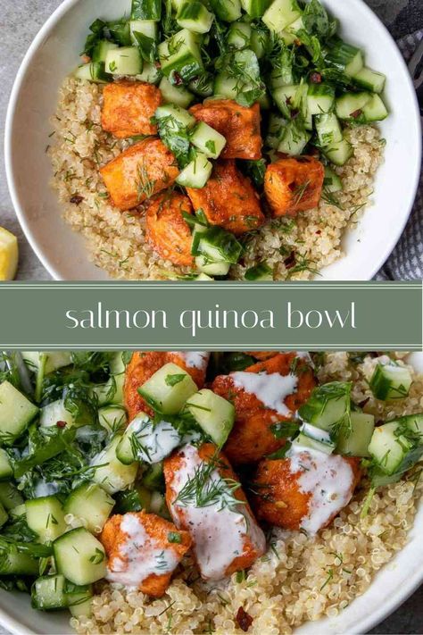 Ready in under 30 minutes, this salmon quinoa bowl is perfect for a quick, easy, and healthy dinner. Filled with protein, complex carbohydrates, and healthy fats, these bowls are sure to fill you up without forgoing flavor. Salmon Tzatziki Bowl, Salmon With Salad Dinners, Easy Meal Prep Ideas Pescatarian, Salmon Kale Quinoa Bowl, Easy Salmon Meal Prep, Salmon And Quinoa Salad, Smoked Salmon Quinoa Bowl, Mediterranean Salmon Quinoa Bowl, Raw Salmon Bowl