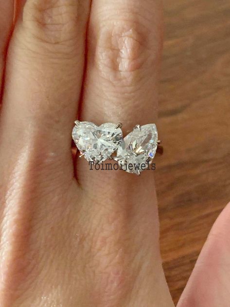 Heart Stone Ring, Heart Shape Engagement Ring, Two Diamond Ring, Heart Rings Engagement, Heart Diamond Rings, Engagement Ring Colored Stone, 2 Stone Diamond Ring, 2 Stone Engagement Ring, Pear Rings