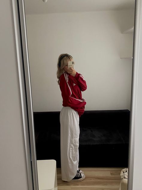 Red Adidas Jacket Outfit, Red Adidas Pants Outfit, Adidas Hoodie Outfit, Adidas Track Jacket Outfit, Red Adidas Outfit, Red Adidas Tracksuit, Adidas Shirt Outfit, Converse Chuck Taylor Platform, Red Adidas Pants