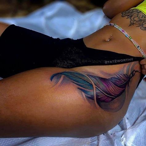 Women Tattoos With Color, Lower Back And Buttock Tattoo, Hip Tattoos Black Women, Purple Tattoo On Dark Skin, Cover Up Back Tattoos Female, Name Cover Up Tattoos For Women, Thigh Tattoos Women Black, Under Buttcheek Tattoo Women, Boujee Tattoos For Women