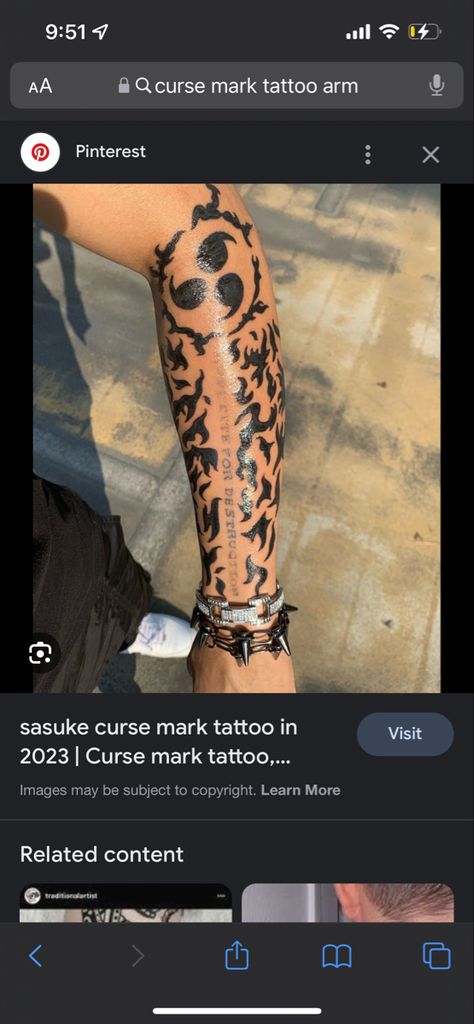 Cursed Mark Tattoo, Sasuke Curse Mark Tattoo, Curse Mark Tattoo, Curse Mark, Mark Tattoo, Tattoos And Piercings, Arm Tattoo, Tatting, Piercings