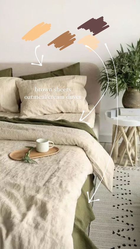 Sage And Brown Bedroom Ideas, Tan And Sage Bedding, Earth Tones Apartment Aesthetic, Room Ideas Green Comforter, Earthy Tones Bedroom Minimalist, Olive Bedroom Aesthetic, Bed Color Scheme Ideas, Sage Green And Tan Bedroom Aesthetic, Sheet Colors Bedroom