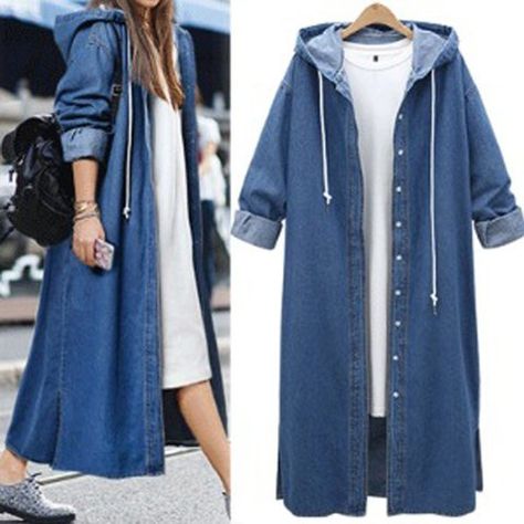 Long Denim Coat, Long Denim Jacket, Denim Trench Coat, Overcoat Jacket, Long Sleeve Denim Jacket, Hooded Denim Jacket, Long Overcoat, Outfit Jeans, Long Jeans