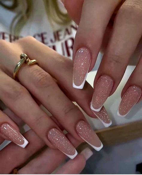 Glitter Nail Tips Acrylic, Classy New Years Nails Square, Edge Nail Designs, New Years Nails Acrylic Coffin, Simple Nails Ballerina, New Years Coffin Nails, Holiday Nails Coffin Shape, Coffin Nails Designs French Tip, White Nails Simple Design