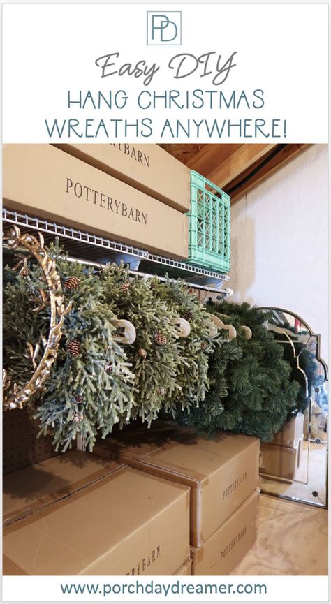 Wreath Hanging Storage, Storing Wreaths In Garage, Hanging Wreath Storage Ideas, Store Wreaths Ideas, Best Way To Store Wreaths, Christmas Tree Storage Ideas Garage, Diy Wreath Storage, How To Store Wreaths In Garage, Storing Wreaths Ideas