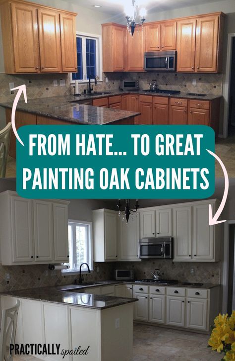 From HATE to GREAT, a tale of painting oak cabinets! - practicallyspoiled.com Painting Oak Cabinets, Kabinet Dapur, Kitchen Cabinets Makeover, Hur Man Målar, Kitchen Decorating, Oak Cabinets, Kitchen Redo, Updating House, Kitchen Paint