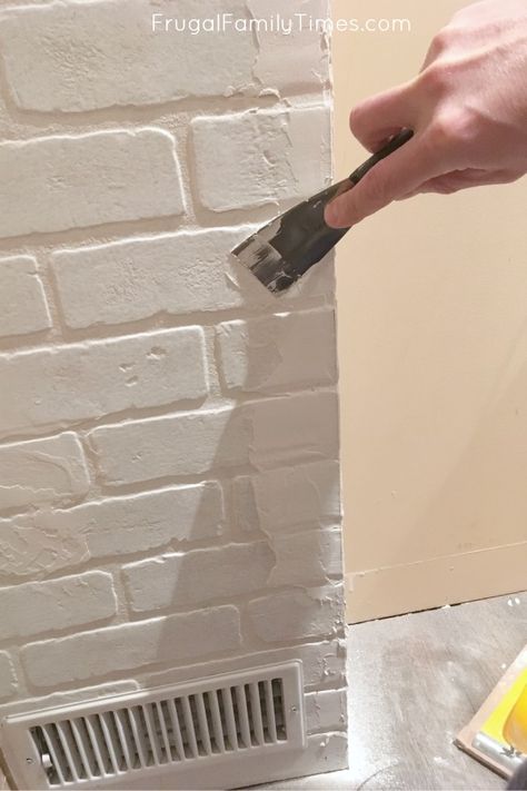 How To Paint Faux Brick Wall, Peel And Stick White Brick Backsplash, How To Make A Brick Wall, Painted Brick Paneling, Brick Paneling Ideas Accent Walls, Fake Brick Fireplace, Painting Faux Brick, Painted Faux Brick Wall, Faux Brick Paneling