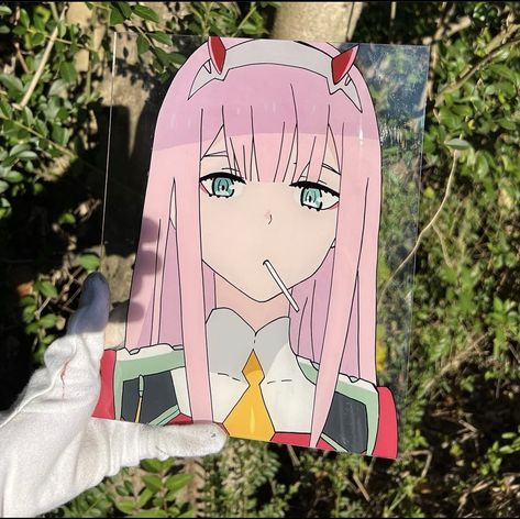 Anime glass painting of zero-two from darling in the franxx Zero Two Glass Painting, Glass Art Anime, Anime Glass Painting, Glass Paintings, Glass Paint, Zero Two, Painting Digital, Darling In The Franxx, Room Inspiration Bedroom