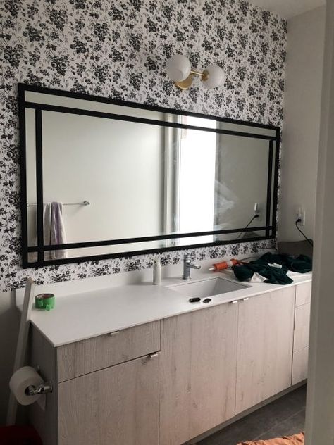 Bathroom Mirror Frame Ideas, Builder Grade Bathroom Mirror, Framing A Mirror, Framed Bathroom Mirrors, Diy Mirror Frame Bathroom, Mirror Makeover Diy, Wood Framed Bathroom Mirrors, Builder Grade Bathroom, Mirrors Diy