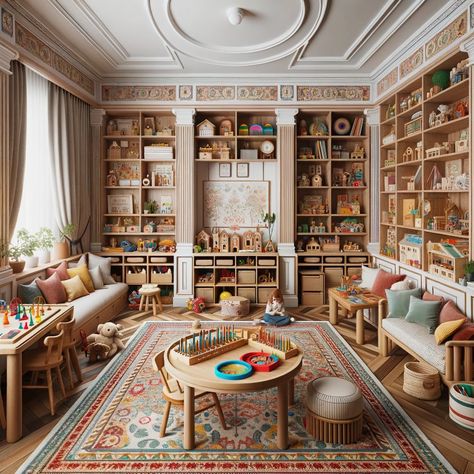 Elegant Playroom Ideas, Classic Playroom Ideas, Loft In Playroom, Vintage Modern Playroom, Playroom Living Room Ideas, Whimsical Playroom Ideas, English Cottage Playroom, 70s Playroom, Den Playroom Ideas