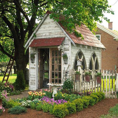 I would like to slip away to this tiny space right now. Shhhhh - don't tell on me! Shed Inspiration, Entry Garden, Shed Playhouse, Metal Roofing, Potting Sheds, Stamped Metal, She Sheds, Earthship, Potting Shed