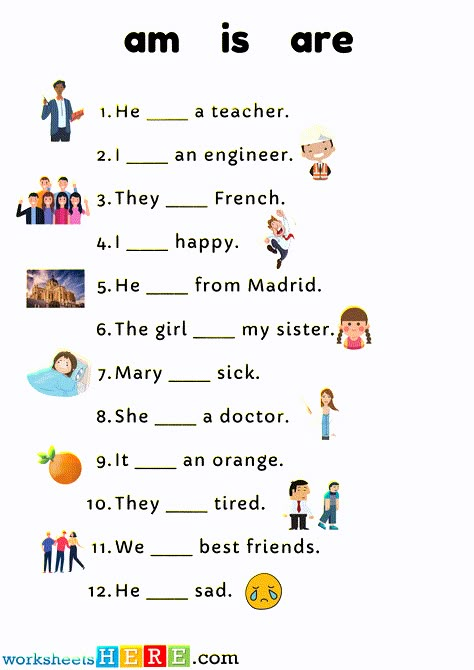 Verb To Be am is are Exercises and Answers with Pictures PDF Worksheet For Kids - WorksheetsHere.com Class 1st English Worksheet, Is And Are Worksheets, To Be Am Is Are Worksheet, To Be And To Have Worksheets, V To Be Worksheet, To Be Worksheet For Kids, English Worksheets For Kids Grade 2, English Worksheets For Grade 2, Am Is Are Worksheets