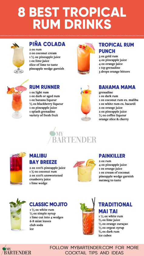 Best Tropical Rum Drinks Dangerous Alcoholic Drinks, Tropical Rum Punch, Mixed Drinks Alcohol Recipes, Malibu Rum Drinks, Coconut Rum Drinks, Rum Drinks Recipes, Bartender Drinks Recipes, Drink Recipies, Rum Punch Recipes