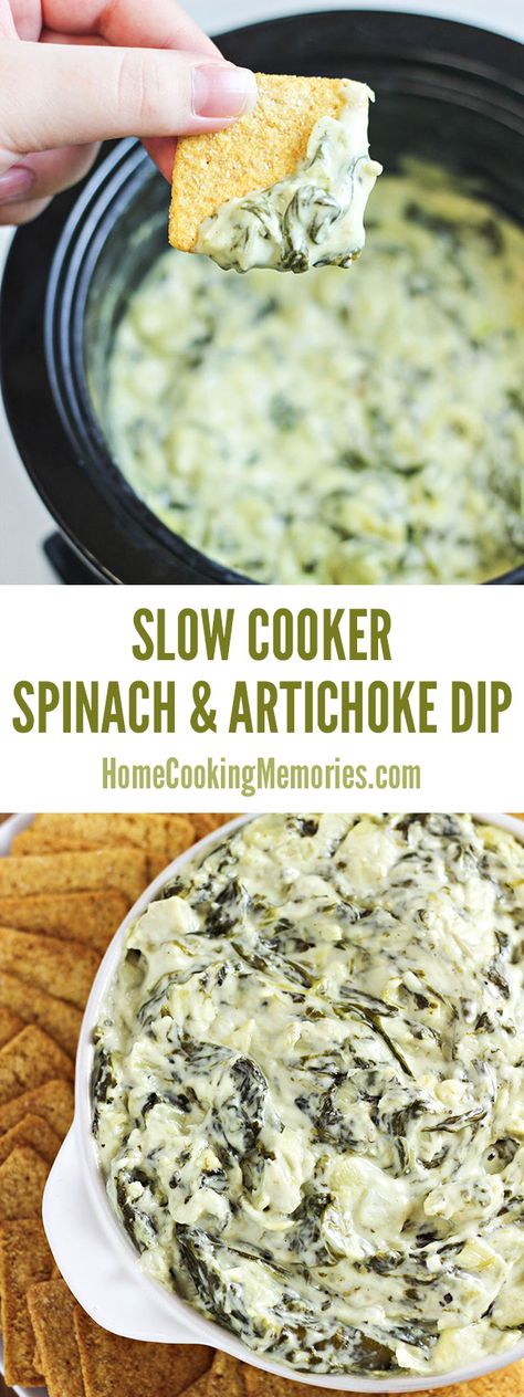 This delicious Slow Cooker Spinach and Artichoke Dip recipe is easy and cheesy! A hot dip, but doesn't have to be cooked in the oven. Great for potlucks! Spinach And Artichoke Dip Recipe, Cheesy Dip Recipes, Slow Cooker Spinach Artichoke Dip, Spinach And Artichoke Dip, Artichoke Dip Recipe, Cheesecake Dip, Vegetarian Thanksgiving, Recipes Thanksgiving, Buffalo Chicken Dip