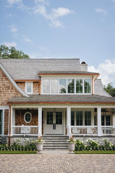 Shingled Cottage with Wraparound Porch - Cottage - Home Exterior Nantucket Style Homes Exterior Coastal, Nantucket Cottage Exterior, Cape Cod Style House Exterior, Nantucket Cottage Interiors, Nantucket Style Homes Exterior, Shingled Cottage, Front Doors With Glass Panels, Cottage Home Exterior, Porch Cottage