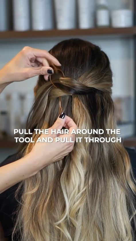 Topsy Tail Half Up Hairstyles, 90s Hair Twists, Hairstyles Using Hair Loop Tool, Half Up Topsy Tail Hairstyles, Tipsy Tail Hairstyles, Hair Loop Tool Styles, Twisty Half Up Half Down Tutorial, Topsy Tail Hairstyles For Kids, Hair Loop Tool Tutorial