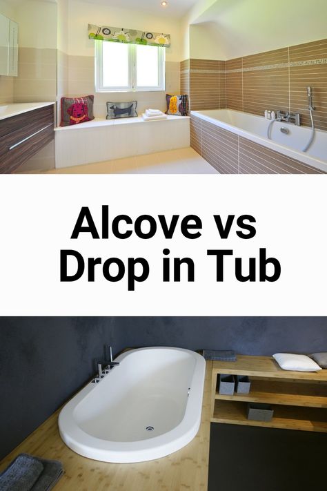 Difference Between Alcove Versus Drop-In Tub. Advantages and Disadvantages of Alcove and Drop-In Tubs. #ThisIsAquatica #bathroomreno #dreambathroom #masterbath #bathroominterior #bathroomstyling #bathroommakeover Drop In Bathtub Ideas, Alcove Soaking Tub Shower Combo, Alcove Tub Bathroom, Drop In Tub Surround, Alcove Bathtub Ideas, Tub In Shower Area, Drop In Tub Ideas, Tub Alcove, Alcove Soaking Tub