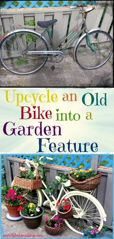 Upcycle an old/vintage bike with a coat of spray paint and some planter baskets. What a whimsical conversation piece! mybrightideasblog.com Vintage Bike Garden Decor, Painted Bikes Ideas, Old Bikes In The Garden Ideas, Bike Garden Decor Old Bicycle, Vintage Bike Decor, Painted Bike, Bike Planter, Bicycle Ideas, Bike Decor