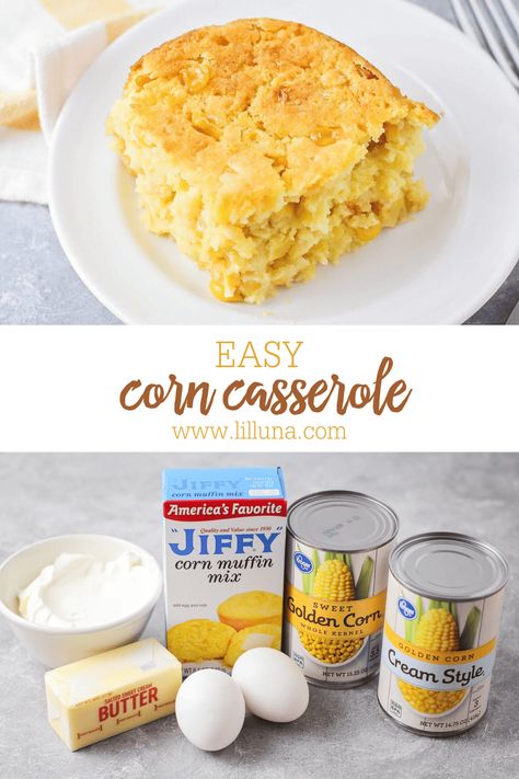 Moist and tender corn casserole requires only a handful of ingredients for an easy side that is packed with flavor! #corncasserole #corn #casserole #sidedish Corn Casserole Jiffy, Easy Corn Casserole, Jiffy Corn Muffins, Jiffy Mix, Easy Corn, Jiffy Corn Muffin Mix, Corn Casserole Recipe, Cornbread Casserole, Jiffy Cornbread