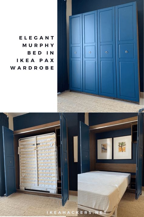 Elegant Next Bed Murphy Bed in a PAX wardrobe. Hack a PAX wardrobe into a murphy bed. Ikea Murphy Bed Hack Diy, Murphy Bed Office, Bed Murphy, Diy Murphy Bed, Guest Bedroom Office, Murphy Bed Kits, Hideaway Bed, Horizontal Murphy Bed, Space Saving Bedroom