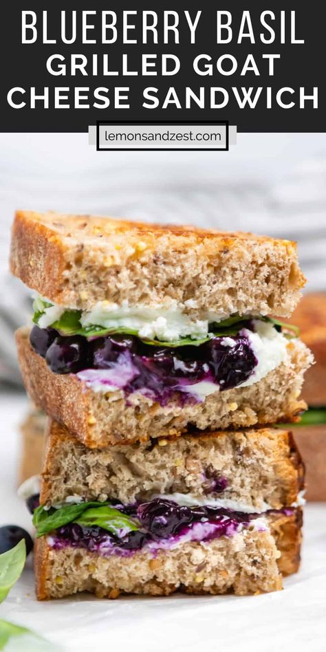 Nothing against the classic sandwich, but this Blueberry Basil Goat Cheese Grilled Cheese Sandwich is a unique variation of everyone's favorite--fresh basil, juicy blueberries and goat cheese with a hint of honey--delicious! Blueberry Goat Cheese Sandwich, Honey Goat Cheese Grilled Cheese, Blueberry Goat Cheese Grilled Cheese, Goat Cheese Chicken Sandwich, Fruit And Cheese Sandwich, Goat Cheese Tea Sandwiches, Goat Cheese And Honey Sandwich, Grilled Cheese With Fruit, Grilled Cheese With Goat Cheese