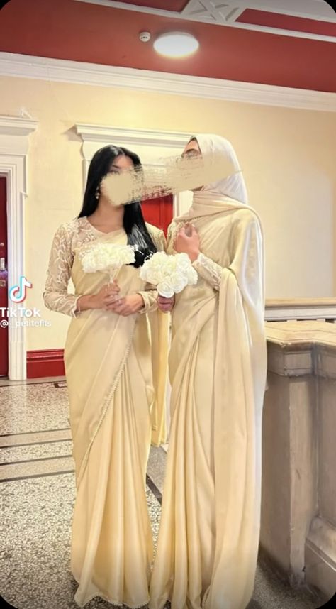 Onam Saree With Hijab, White Desi Clothes, Modest Saree Styles, College Farewell Saree Ideas, Lehenga With Hijab, Hijabi Saree Style, Hijabi Sari, Modest Saree, Asian Bridesmaid Dresses