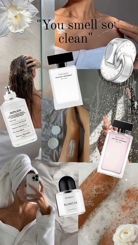 "you smell so clean" #replica #lazysundaymorning #narcisorodriguez #puremusc #muscnoir #blanche #byredo #smellclean #cleangirl #clean #perfumes #smellgood #omniacrystalline #bvlgari Replica Perfume, Fragrance Lab, Clean Perfume, Fragrances Perfume Woman, Perfume Collection Fragrance, Perfume Packaging, Body Smells, Affordable Skin Care, Perfume Scents