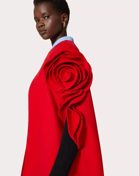 Yea or Nay: Valentino Compact Drape Cape with Rose Appliqué Couture, Valentino 2024, Designer Outerwear, Floral Clothing, Military Style Coats, Cashmere Cape, Rose Applique, Unique Sweaters, Beach Dresses Summer