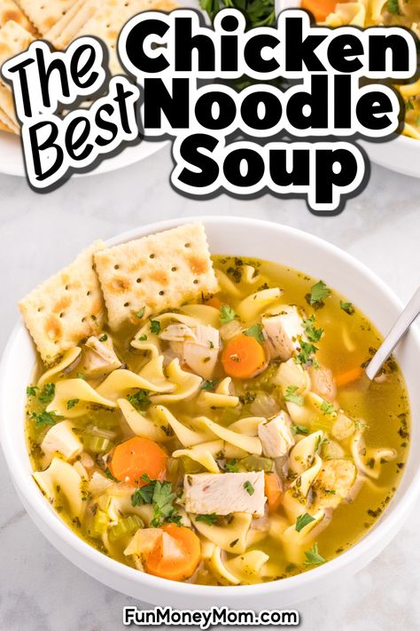 This easy Rotisserie Chicken Noodle Soup, loaded with savory chicken, hearty veggies, and tender noodles, is comfort food at its best. The best part? It's ready in just 30 minutes, making it the perfect dinner recipe for busy weeknights. Big Pot Chicken Noodle Soup, Simple Crockpot Chicken Noodle Soup, Semi Homemade Chicken Noodle Soup, Chicken Noodle Soup Elbow Noodles, Crock Pot Rotisserie Chicken Soup, Macaroni Chicken Soup, Healthy Soup Recipes With Rotisserie Chicken, Home Style Chicken Noodle Soup, Healthy Ramen Noodle Recipes Soups